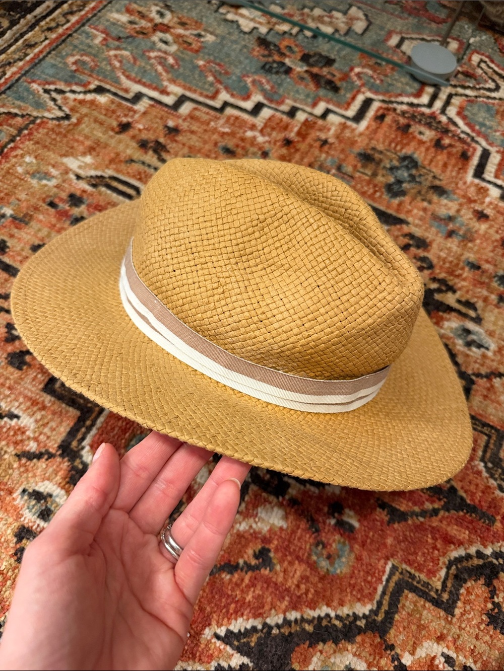 Something Navy Mustard Straw Fedora with Beige & White Band